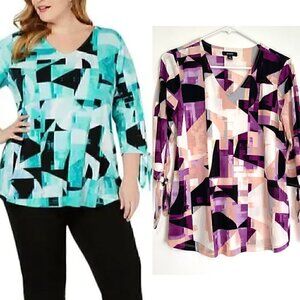ALFANI Printed Tie Sleeve Blouse Pink Purple Geometric 3/4 Sleeve PETITE Medium